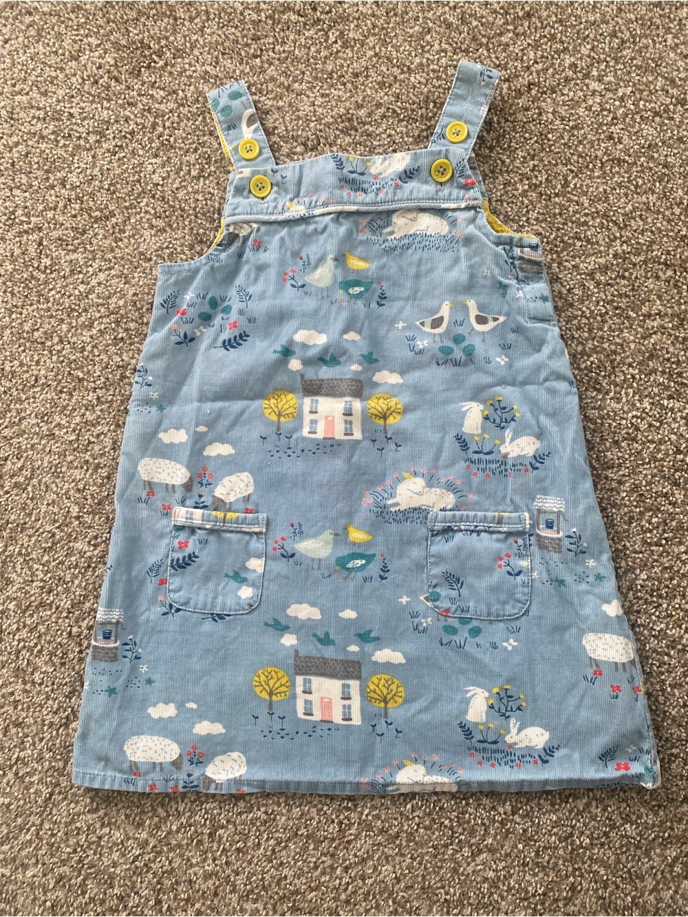 Baby Boden Light Blue Corduroy Animal & Cottage Print Pinafore Dress 2-3 yrs